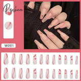 European Fake Nails Women Coffin Mid Length False Tip With Stripe Design Press On Matte Nail Patch