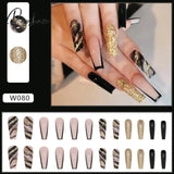 European Fake Nails Women Coffin Mid Length False Tip With Stripe Design Press On Matte Nail Patch