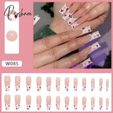 European Fake Nails Women Coffin Mid Length False Tip With Stripe Design Press On Matte Nail Patch