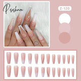 European Fake Nails Women Coffin Mid Length False Tip With Stripe Design Press On Matte Nail Patch