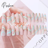 European Fake Nails Women Coffin Mid Length False Tip With Stripe Design Press On Matte Nail Patch