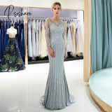 Evening Party Dresses Sparkly Crystals Beaded Crew Neck Sheer Long Sleeves Mermaid Tulle Prom Gowns