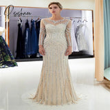 Evening Party Dresses Sparkly Crystals Beaded Crew Neck Sheer Long Sleeves Mermaid Tulle Prom Gowns