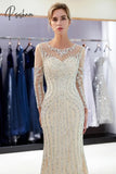 Evening Party Dresses Sparkly Crystals Beaded Crew Neck Sheer Long Sleeves Mermaid Tulle Prom Gowns