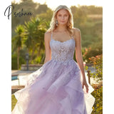 Exquisite Lavender Prom Dresses Ruffles Skirt Appliqued Lace Party Gowns For Women Tulle A Line