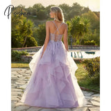 Exquisite Lavender Prom Dresses Ruffles Skirt Appliqued Lace Party Gowns For Women Tulle A Line