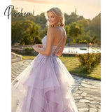 Exquisite Lavender Prom Dresses Ruffles Skirt Appliqued Lace Party Gowns For Women Tulle A Line