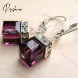 Exquisite Square Purple Zircon Earrings Fashion Gold Color Metal Inlaid White Stones Wedding Drop