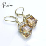 Exquisite Square Purple Zircon Earrings Fashion Gold Color Metal Inlaid White Stones Wedding Drop