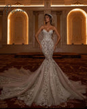 Exquisite Strapless Mermaid Wedding Dress Sweetheart Sequined Lace Arabic Sweep Floor Trumpet