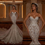 Exquisite Strapless Mermaid Wedding Dress Sweetheart Sequined Lace Arabic Sweep Floor Trumpet