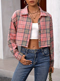 Plaid Print Cropped Shirt - Relaxed Casual Style with Classic Button Front and Long Sleeves for Women - Perfect for Everyday Wear and Daily Occasions