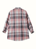 Women's Plus Size Plaid Long Sleeve Shirt, Elegant Polyester Blend, Non-Stretch, Button-Down Collar, Casual Versatile Top with Pockets, All-Season Fashion, Woven Fabric