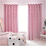 2Pcs Stars Cutout Blackout Curtains with Tulle Overlay 2 Layers Grommet Window Panels for Bedroom Living Room Decor Wall Home, Pink