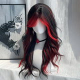 24-Inch Women's Wig with Red Highlights & Black Wavy Long Curly Hair, Heat-Resistant Synthetic Fiber, Elegant Golden Chain & Pearl Accents, Perfect for Parties, Cosplay, and Casual Attire, All Head Sizes Rose Net Cap, Fashion
