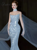 Fairy Blue Celebrity Dresses Strapless Sequined Ribbon Pleat Illusion Luxurious Sparkly Mermaid