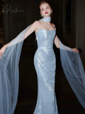 Fairy Blue Celebrity Dresses Strapless Sequined Ribbon Pleat Illusion Luxurious Sparkly Mermaid