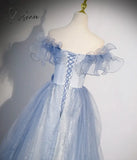Fairy Blue Prom Dress Sequins Puffy Sleeve Luxury Empire A-Line Floor-Length Lace Up Party Banquet