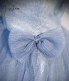 Fairy Blue Prom Dress Sequins Puffy Sleeve Luxury Empire A-Line Floor-Length Lace Up Party Banquet