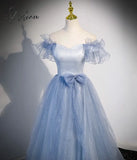 Fairy Blue Prom Dress Sequins Puffy Sleeve Luxury Empire A-Line Floor-Length Lace Up Party Banquet