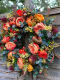 Fall Peony And Pumpkin Wreath - Year Round Front Door Home Farmhouse Decor Festival Celebration