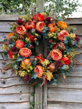 Fall Peony And Pumpkin Wreath - Year Round Front Door Home Farmhouse Decor Festival Celebration