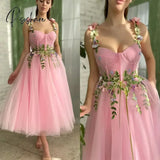 Fashion Pink Homecoming Dresses A-Line Spaghetti Flower Leaf Appliques Spring Prom Party Gown