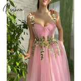 Fashion Pink Homecoming Dresses A-Line Spaghetti Flower Leaf Appliques Spring Prom Party Gown