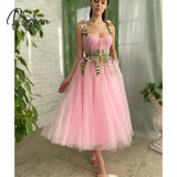 Fashion Pink Homecoming Dresses A-Line Spaghetti Flower Leaf Appliques Spring Prom Party Gown Tea-Length Homecoming Dress 2024