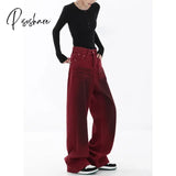 Fashion Vintage Red Straight Jeans Casual High Waist Street Style Pants Korean Women’s Wide Leg
