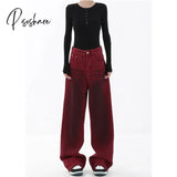 Fashion Vintage Red Straight Jeans Casual High Waist High Street Style Pants Korean Women's Wide Leg Baggy Y2K Denim Trouser