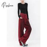 Fashion Vintage Red Straight Jeans Casual High Waist Street Style Pants Korean Women’s Wide Leg