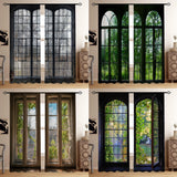 2 Pieces Industrial Wooden French Window with Landscape Glass Printing, Translucent Curtains, Green Plants Outside, for Living Room, Bedroom, Home Decoration, Sunscreen