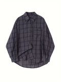 Versatile Plaid Print Loose Shirt with Drop Shoulder and Pocket for Spring & Fall, Women's Clothing