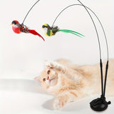 Cartoon Patterned Cat Toy Set with Polyester Artificial Feathers, Uncharged, No Battery, Interactive Cat Toy with Birds, Long Rod, Bell, And Strong Adhesive Base