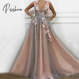 Flesh Pink Tulle Prom Maxi Dresses Elegant Women Formal Party Night Long Appliqus Robes Luxury