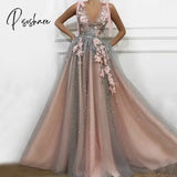 Flesh Pink Tulle Prom Maxi Dresses Elegant Women Formal Party Night Long Appliqus Robes Luxury