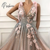 Flesh Pink Tulle Prom Maxi Dresses Elegant Women Formal Party Night Long Appliqus Robes Luxury