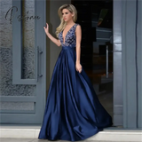 Formal Evening Prom Dresses Blue Sequin Crystal Beads Stain Elegant Floor Length Graduation Party