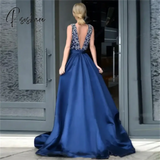 Formal Evening Prom Dresses Blue Sequin Crystal Beads Stain Elegant Floor Length Graduation Party