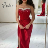 Formal Party Prom Gowns Side Slit Saudi Arabric For Women Sexy Crystals Satin Mermaid Evening Dresses