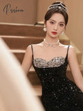 Glitter Celebrity Dresses Mermaid Shiny Sequined Bling Side Slit Sexy Spaghetti Strap Zipper Woman