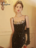 Glitter Celebrity Dresses Mermaid Shiny Sequined Bling Side Slit Sexy Spaghetti Strap Zipper Woman