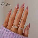 Glitter Pink Fake Nails Press On Short French Set Sequin Cute Nail Art Reusable Acrylic Full Cover