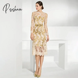 Gold Lace Mother Of The Bride Dresses With Long Sleeves Sheer Bateau Neck Sheath Wedding Guest Dress