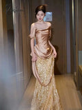 Gold Mermaid Evening Dresses Off The Shoulder Pleat Sequins Shiny Long Slim Fairy French Celebrity Prom Party Gowns Woman New