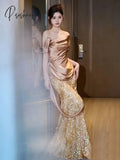 Gold Mermaid Evening Dresses Off The Shoulder Pleat Sequins Shiny Long Slim Fairy French Celebrity