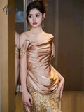 Gold Mermaid Evening Dresses Off The Shoulder Pleat Sequins Shiny Long Slim Fairy French Celebrity