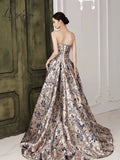 Gorgeous Evening Dresses Jacquard Printed Satin With Train Princess Sleeveless Strapless A Line