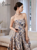 Gorgeous Evening Dresses Jacquard Printed Satin With Train Princess Sleeveless Strapless A Line